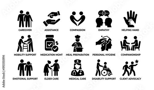 Icons representing support services for elderly and disabled individuals