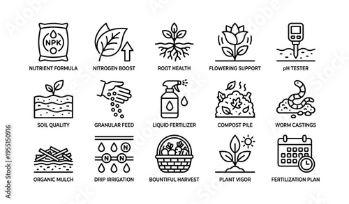 Gardening essentials icons illustrate nutrient solutions and plant care tools