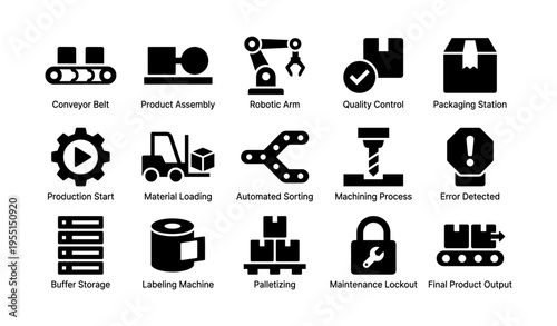 Industrial icons: automation and production process symbols collection