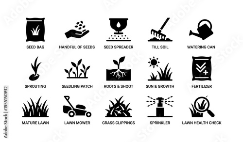 Lawn care icons with seed bag, sprinkler, lawn mower, and fertilizer symbols