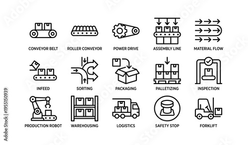 Industrial icons of conveyor systems and automation processes