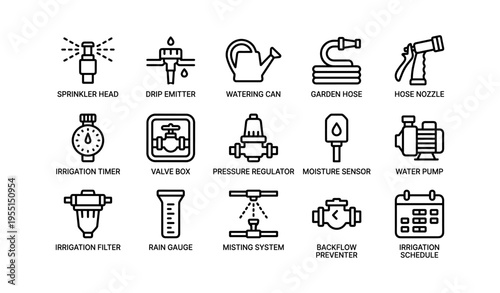 Garden irrigation tools: sprinkler, drip emitter, watering can, timer, and more