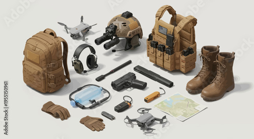 A collection of tactical gear and survival equipment laid out on a neutral background, including a backpack, vest, boots, drones, and weaponry.