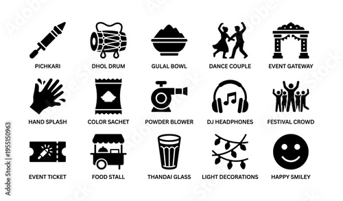 Holi celebration icons: drums, colors, dance, food, decorations