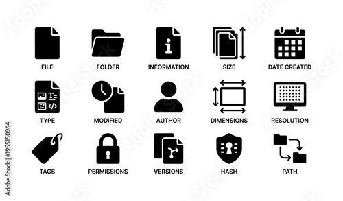 File management icons: information, folder, security, author, resolution
