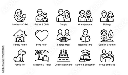 Family icons: diverse relationships and activities in modern line art