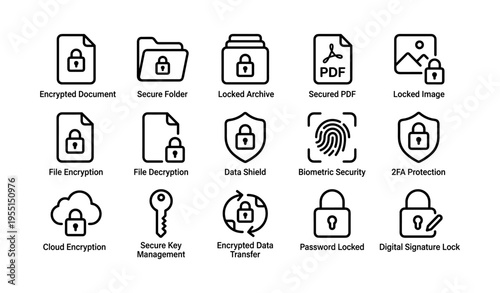 Secure digital icons: encrypted document, biometric security, cloud encryption symbols
