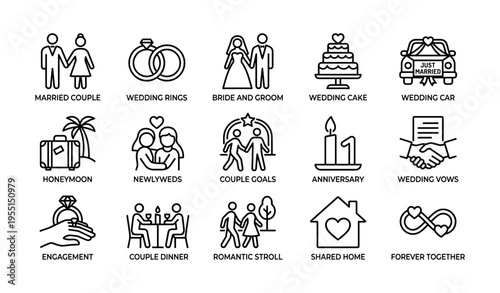 Wedding celebration icons: love, marriage, cake, honeymoon, rings, and vows