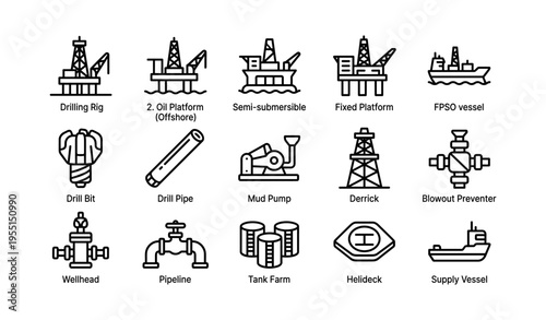 Oil industry icons: offshore platforms, equipment, and supply vessels