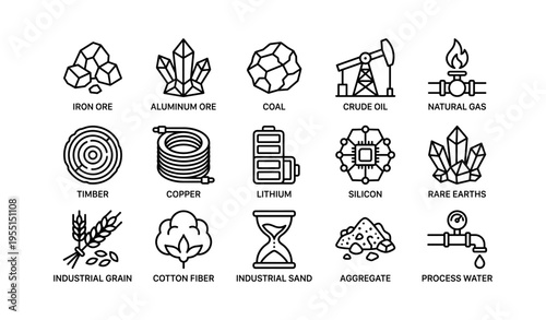 Icon set representing various natural resources and raw materials
