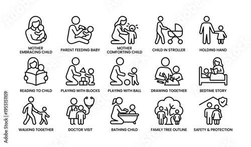 Family icons: parenting activities with children illustrations