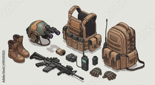 A comprehensive collection of modern military and tactical gear, including a rifle, helmet with night vision, tactical vest, and backpack, displayed on a neutral background.