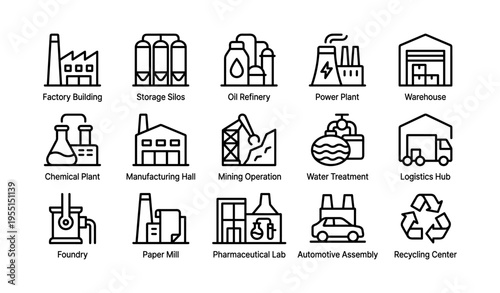 Industrial facility icons: factory, oil refinery, power plant, warehouse, recycling
