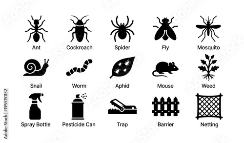 Silhouette icons of common pests and control measures: ant, cockroach, spider, mouse, trap