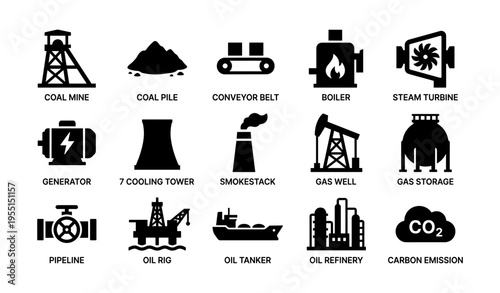 Industrial energy icons set featuring coal mine, boiler, oil rig, pipeline, and carbon emission