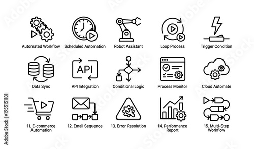 Automated workflow icons set including robot assistant and conditional logic elements