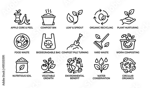 Organic recycling icons: composting, plant nurturing, environmental benefits