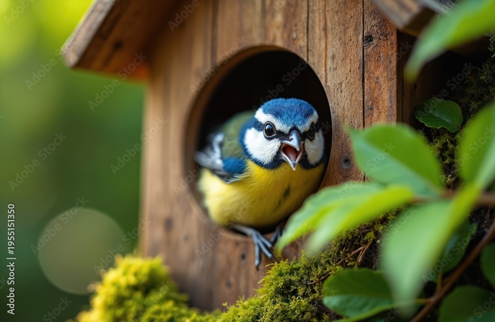 Fototapeta premium Small blue tit bird sits in wooden birdhouse. Animal looks out hole, mouth open. Green foliage and moss surround home. Nature scene in spring or summer.