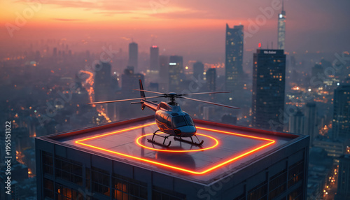 Helicopter lands on modern skyscraper helipad at sunset. Cityscape with glowing lights and traffic below. Aerial view of urban skyline at dusk.