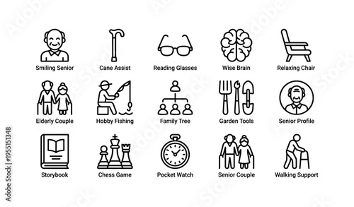 Icons representing senior activities and support including books, games, and walking aid