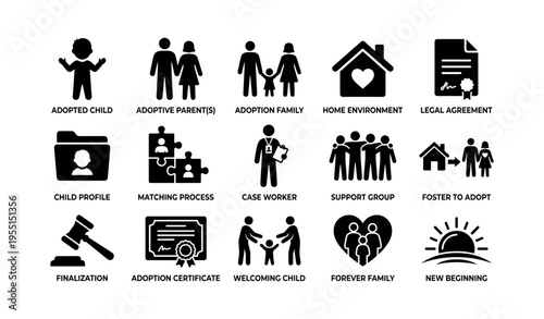 Adoption process icons: adopted child, family support, legal steps, new beginning symbols