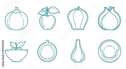 Collection of hand drawn autumn fruits and vegetables in teal line art