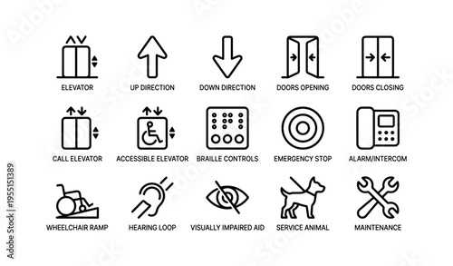 Elevator symbols: call, accessible, braille, emergency stop, service animal