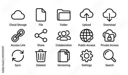 Cloud storage and file management icons for digital collaboration and security