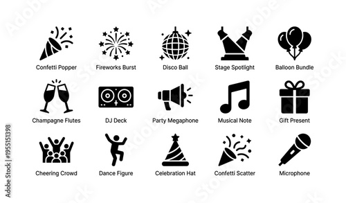 Party icons set: confetti, fireworks, disco ball, microphone
