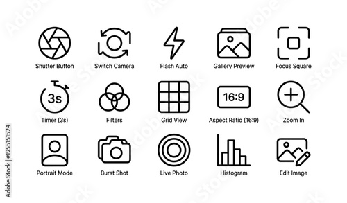 Photo app icons set: camera, flash, gallery, filters, edit - black line art