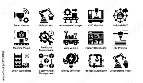 Industrial automation icons: sensors, robots, cnc machines, iot technology for smart factories