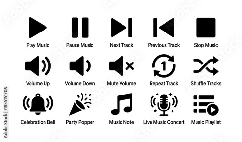 Music control and notification icons set with play pause volume shuffle