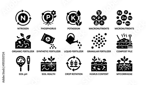Agricultural nutrients and fertilizer icons representing soil health and crop rotation strategies
