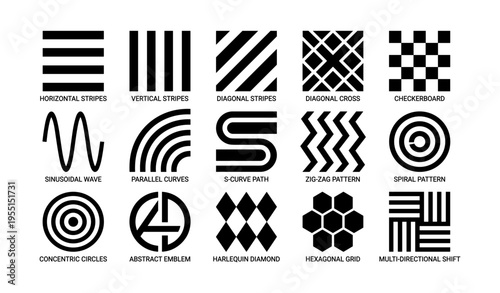 Geometric patterns: stripes, checkerboard, waves, circles, and hexagonal designs