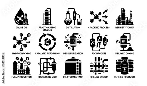 Oil refinery processes: crude oil, refining, cracking, distillation icons