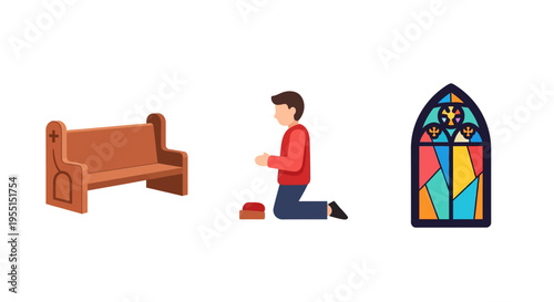 Church elements: wooden pew, kneeling figure, and stained glass window