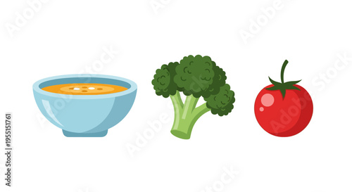 Colorful healthy foods with broccoli, tomato, and soup in flat style