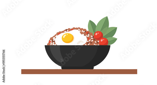 Delicious bowl of rice with egg and vegetables on wooden table