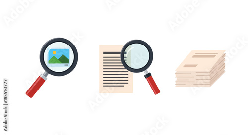 Magnifying glass icons with document and image search elements