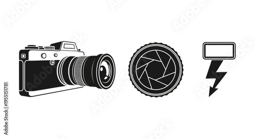 Silhouette camera icons: lens, shutter, flash symbols for photography design