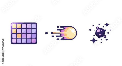 Colorful digital icons set with pixel, comet, and planet designs in cartoon style