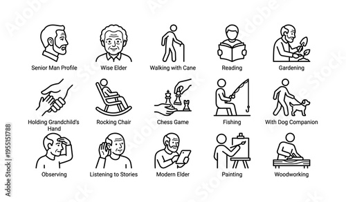 Icons illustrating elderly activities and hobbies with diverse elder characters