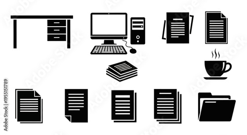 Black silhouette icons of office desk, computer, and documents