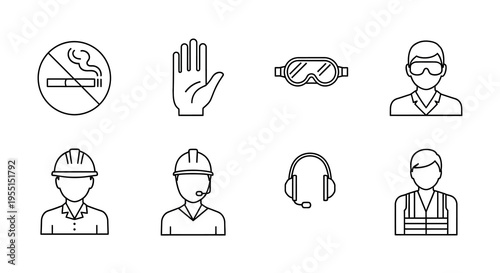 Safety and protection icons: no smoking, hand, goggles, helmet, headset, vest
