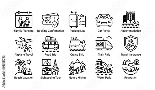 Travel and vacation icons collection: planning, transportation, accommodation, and leisure