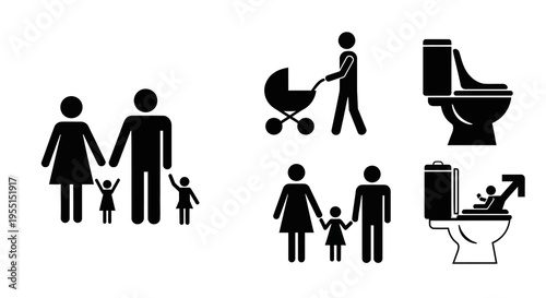Family and parenting icons: minimalist symbols of parenthood and childcare activities