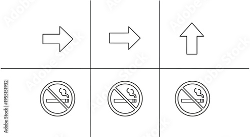Minimalist arrow and no smoking icons set in black and white line art style