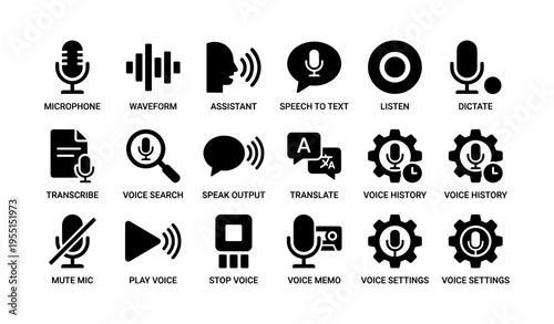 Voice assistant icons: microphone, waveform, translation, speech output tools