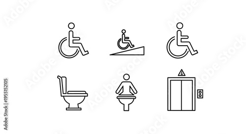 Accessible icons set: wheelchair, ramp, restroom, elevator symbols for inclusivity