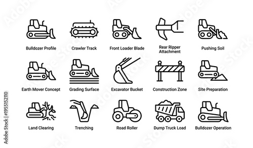 Construction equipment icons set: bulldozers, excavators, trucks, rollers